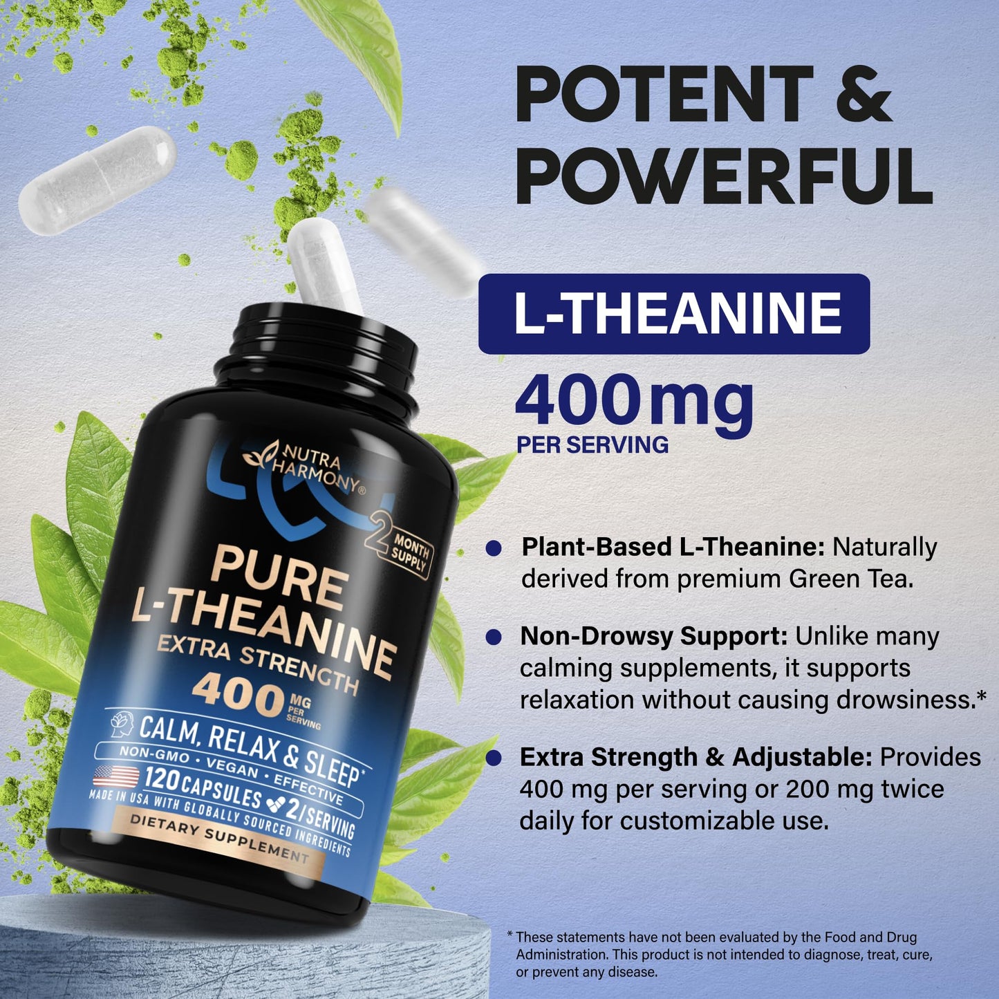 L Theanine 400 mg | L-Theanine Stress Relief | Extra Strength Supplement | Made in USA | Relaxation, Sleep & Calm Support | For Men & Women | Plant Based NUTRAHARMONY