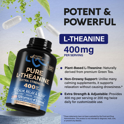 L Theanine 400 mg | L-Theanine Stress Relief | Extra Strength Supplement | Made in USA | Relaxation, Sleep & Calm Support | For Men & Women | Plant Based NUTRAHARMONY