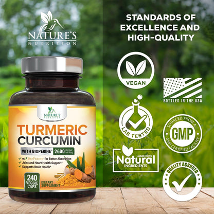 Turmeric Curcumin Supplement - 2400mg Organic Turmeric Per Serving - 95% Curcuminoids & BioPerine Black Pepper Extract for Best Absorption - Natural Vegan Joint Support Nature's Nutrition