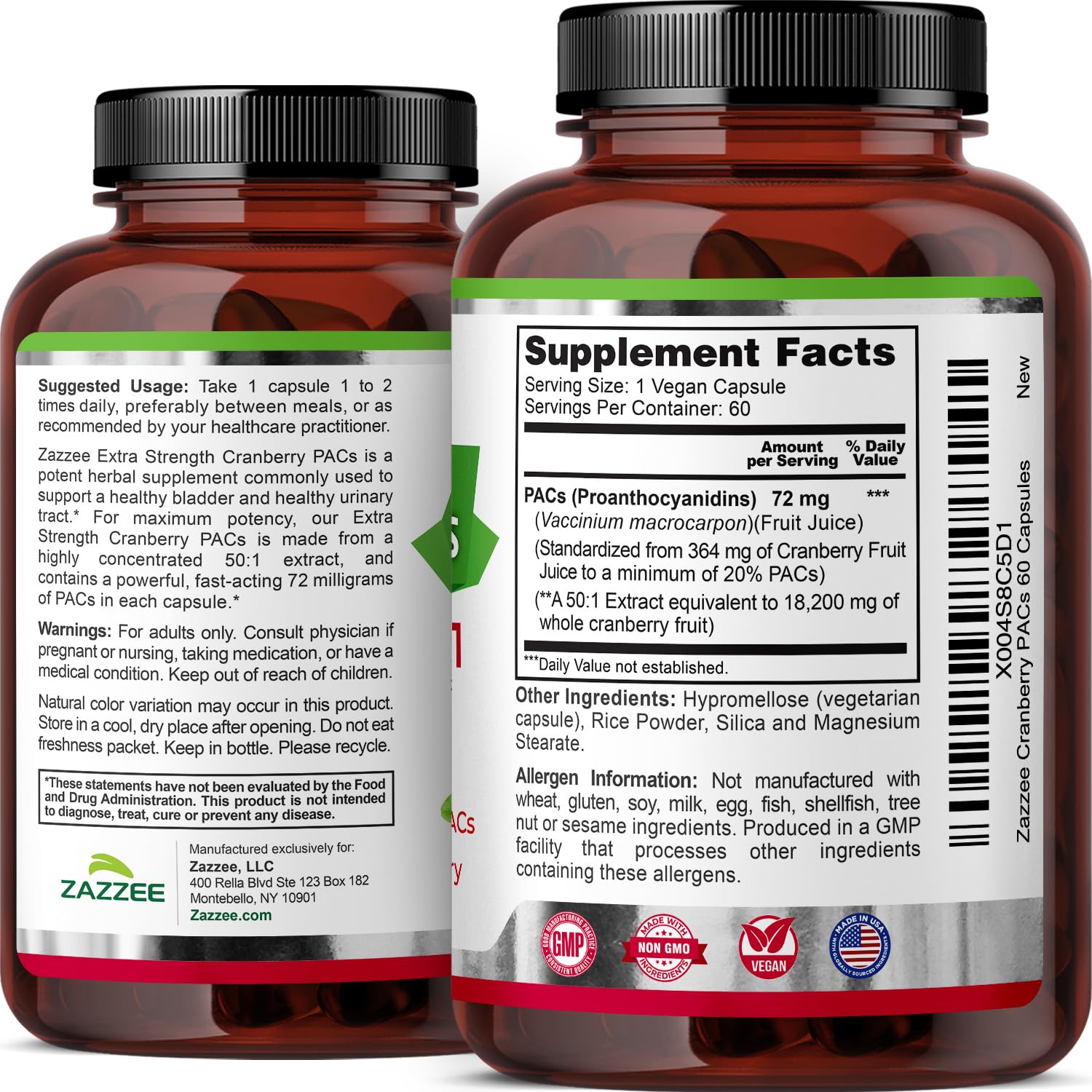 Zazzee Cranberry PACs 72 mg per Capsule, 50:1 Extract, 120 Vegan Capsules, 2X Strength, 4 Month Supply, Fast-Acting, Effective Urinary Tract & Bladder Support, 100% Soluble PACs, Made in the USA Gsupps Australia