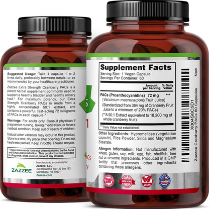 Zazzee Cranberry PACs 72 mg per Capsule, 50:1 Extract, 120 Vegan Capsules, 2X Strength, 4 Month Supply, Fast-Acting, Effective Urinary Tract & Bladder Support, 100% Soluble PACs, Made in the USA Gsupps Australia