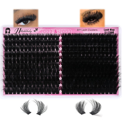 Lash Clusters 100D+200D Mega Thick Lashes Clusters 12-22mm Wispy Individual Thick Volume Lashes Cluster Eyelash Extensions 280Pcs DIY Lash Extension at Home, by Hushlibaby(Plant Fiber) Hushlibaby