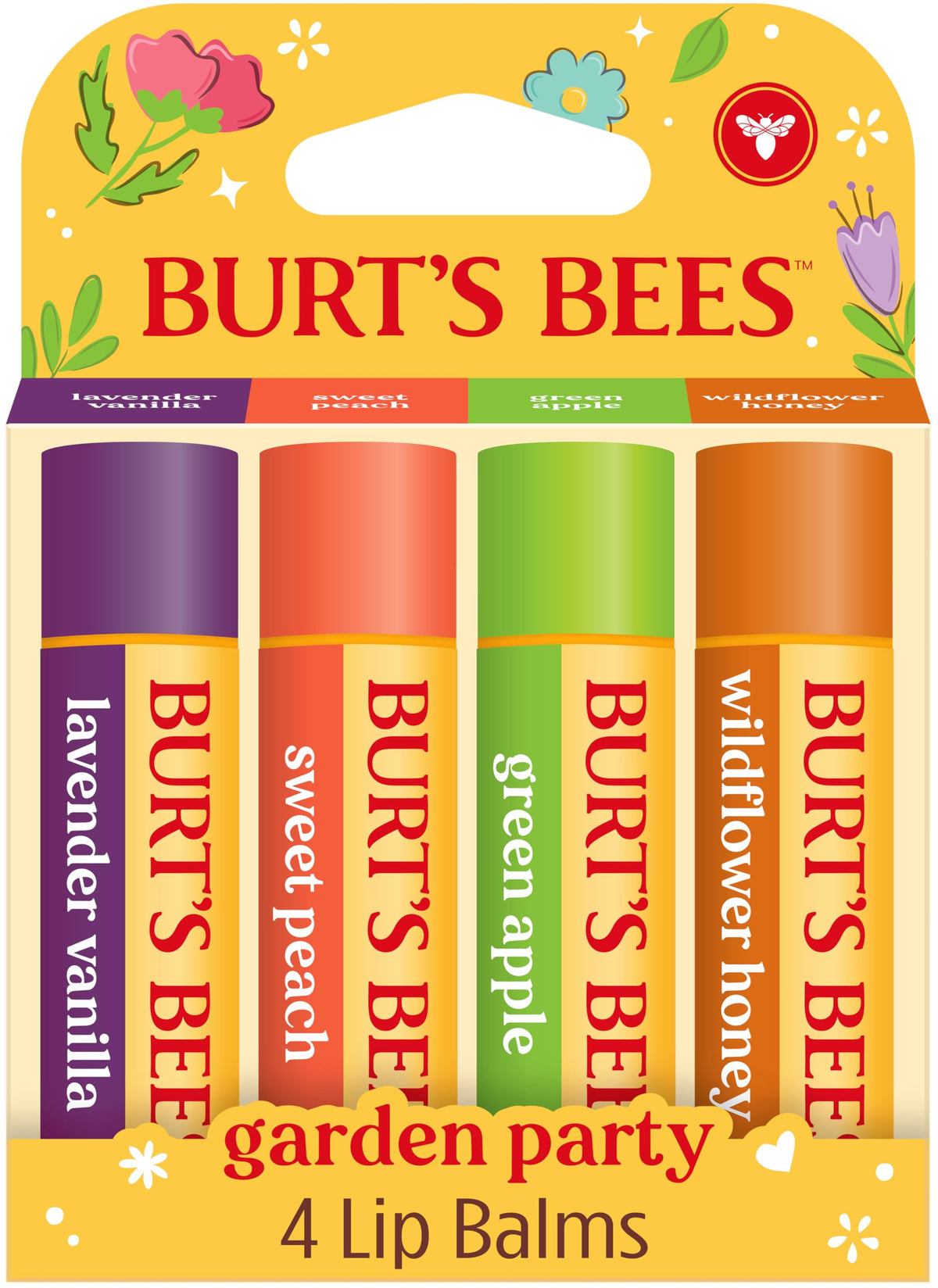 Burt's Bees Gifts Ideas - Garden Party Lip Balm Set, Lavender Vanilla, Sweet Peach, Green Apple, Wildflower Honey, With Responsibly Sourced Beeswax, Natural Origin Lip Treatment, 0.15 oz., Four Tubes Burt's Bees