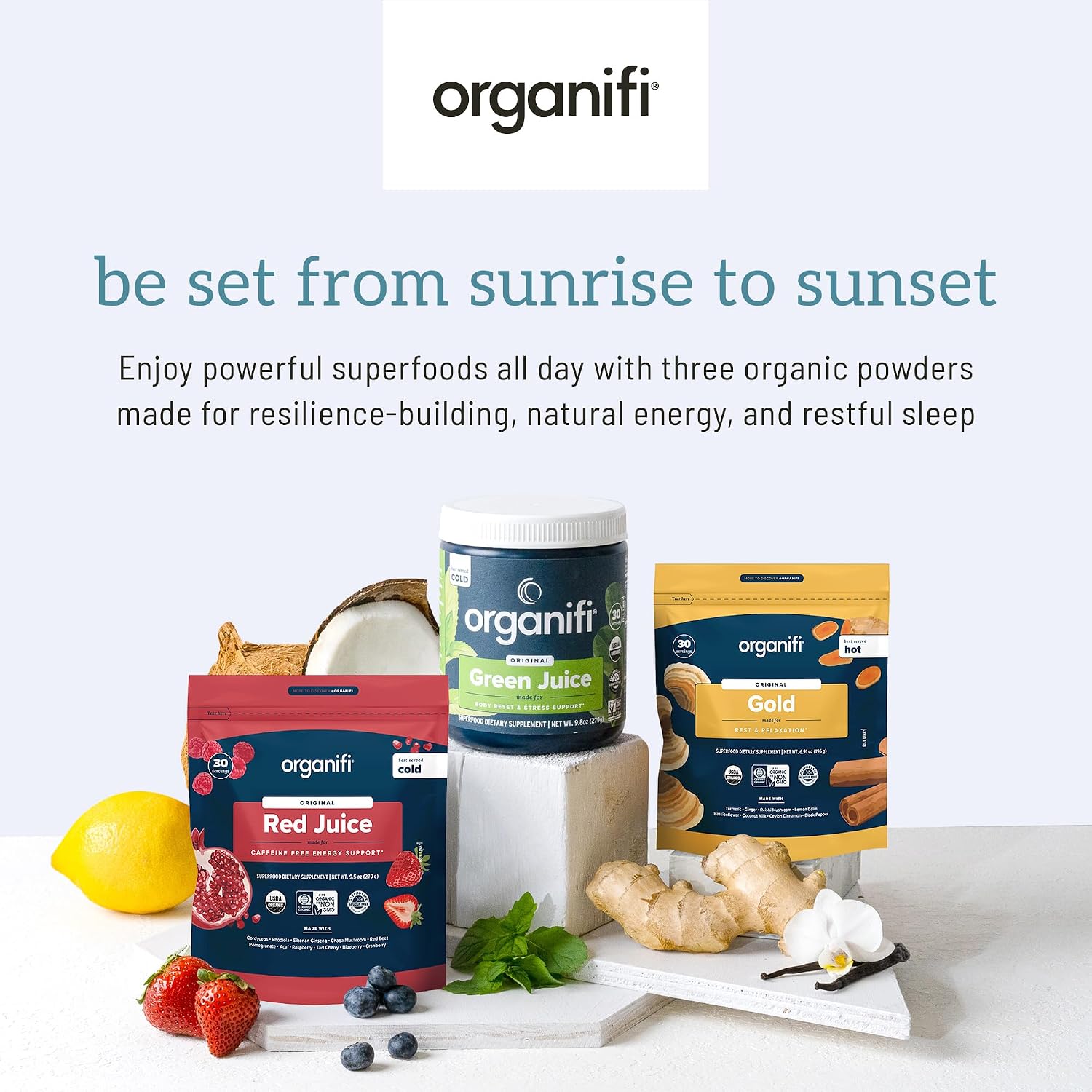 Organifi Sunrise to Sunset Power Box (9.5 Oz. Each) - Organic Superfood Powder - Green Juice, Red Juice, Golden Milk- 30-Day Supply - Vegan Gsupps Australia