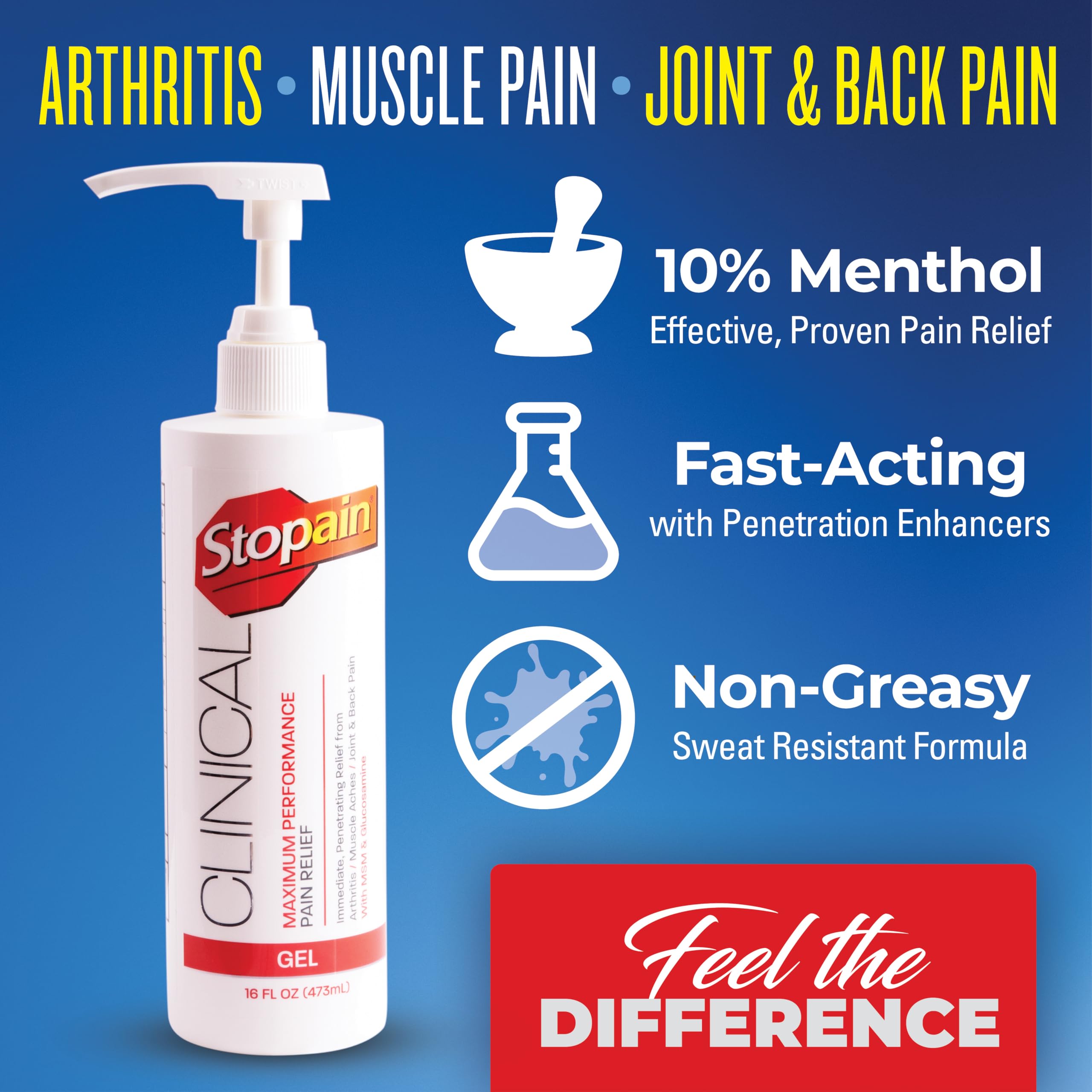 Stopain Clinical Pain Relief Gel 16 oz - Professional Formula for Arthritis, Knee, Back & Muscle Pain - Maximum Strength Gel for Joint & Nerve Pains with 10% Menthol Plus Glucosamine - Made in USA Stopain buy australia supplements
