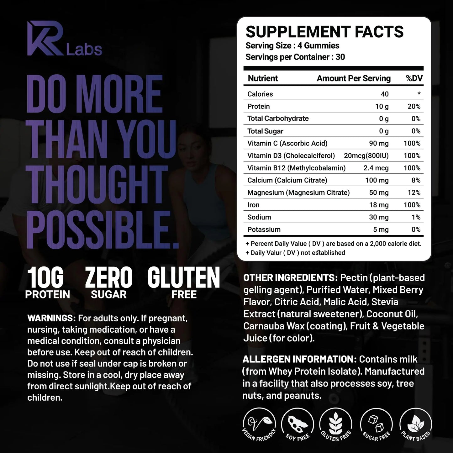 KR Labs Zero Carb 100% Pure Whey Isolate Protein Gummies | 300g Total Protein per Bag | 10g per Serving Plant Based with Vitamins for Men & Women KR Labs