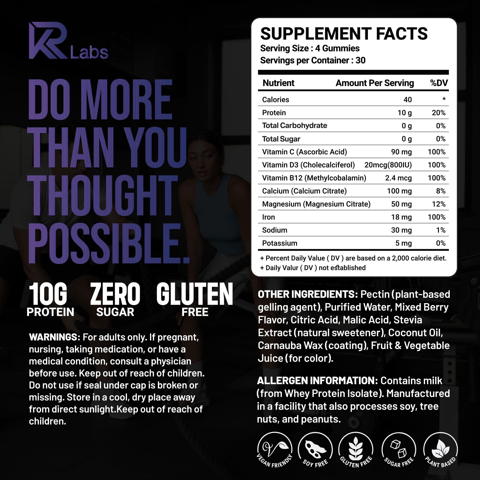 KR Labs Zero Carb 100% Pure Whey Isolate Protein Gummies | 300g Total Protein per Bag | 10g per Serving Plant Based with Vitamins for Men & Women KR Labs buy australia supplements
