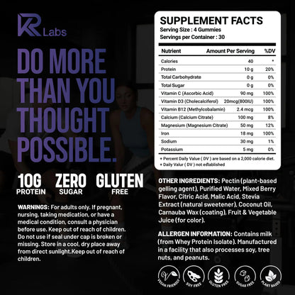 KR Labs Zero Carb 100% Pure Whey Isolate Protein Gummies | 300g Total Protein per Bag | 10g per Serving Plant Based with Vitamins for Men & Women KR Labs