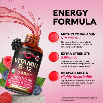 USDA Organic Vitamin B12 Sublingual Drops - 5000 mcg Liquid Vegan Methylcobalamin for Women & Men - Energy Boost, Focus & Mood, Brain Health Support NUTRAHARMONY