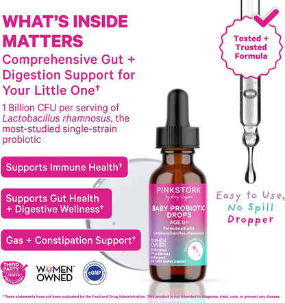 Pink Stork Baby Probiotic Drops, Newborn, Infant & Toddler, 1 fl oz | Digestion and Constipation Support, Newborn Essentials, 2 Month Supply