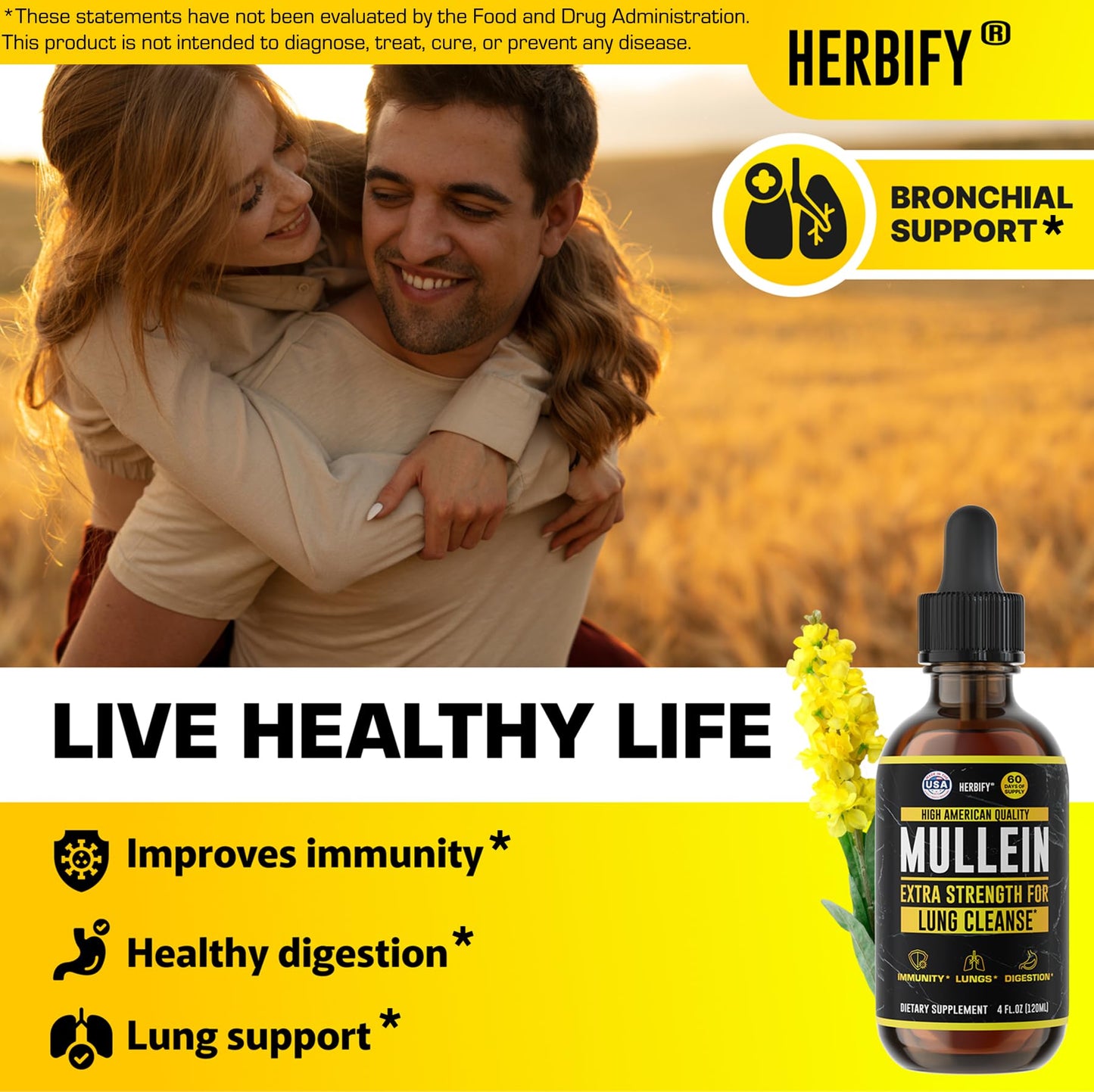 HERBIFY Mullein Drops - Lung Cleanse - Leaf Extract - Powerful Mullein for Immune Support,Detox & Respiratory Support - Made in USA HERBIFY