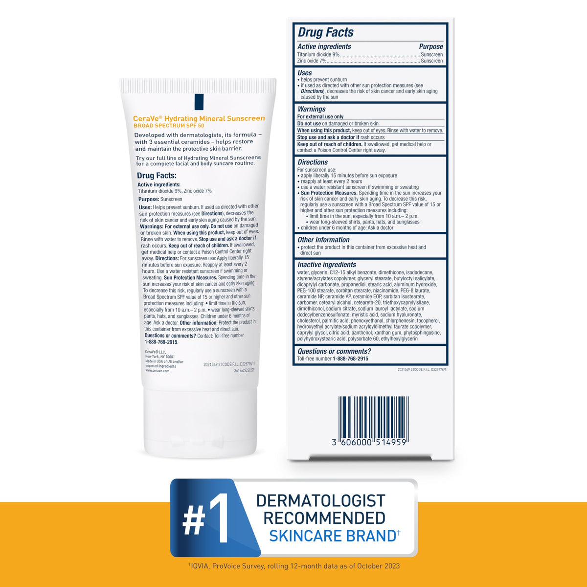 CeraVe Hydrating Mineral Sunscreen SPF 50 Face Sunscreen, Travel Size 2.5oz CeraVe