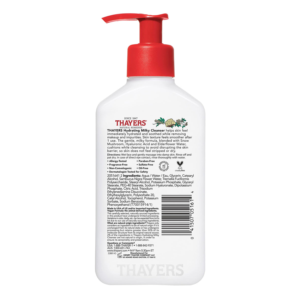 Thayers Milky Hydrating Face Cleanser with Snow Mushroom and Hyaluronic Acid, Dermatologist Recommended Gentle Facial Wash and Hydrating Skincare for Dry and Sensitive Skin, Paraben Free, 8 Fl Oz THAYERS