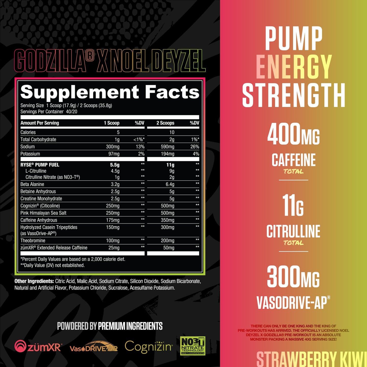 RYSE Godzilla X Noel Deyzel Pre Workout Powder - Monsterberry Lime - 400mg Caffeine, High Stim Pre-Workout for Men & Women with Citrulline & Beta Alanine - Energy, Pump & Focus - 20/40 Servings