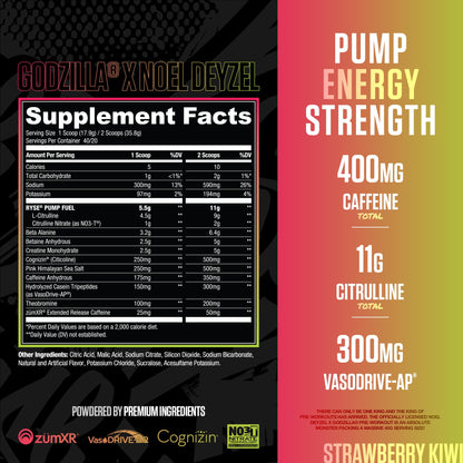 RYSE Godzilla X Noel Deyzel Pre Workout Powder - Monsterberry Lime - 400mg Caffeine, High Stim Pre-Workout for Men & Women with Citrulline & Beta Alanine - Energy, Pump & Focus - 20/40 Servings