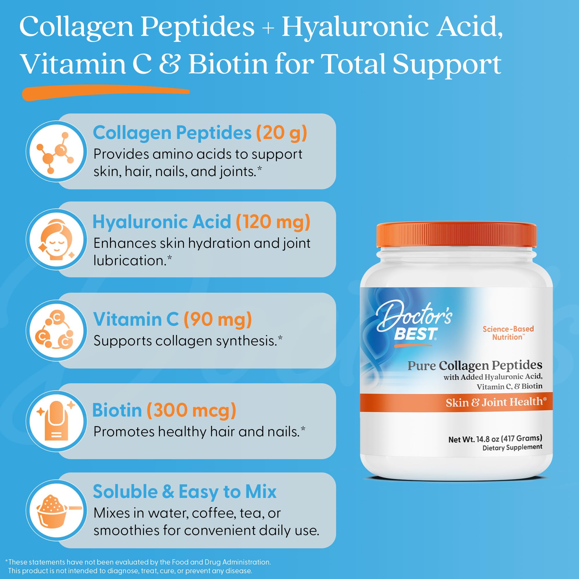 Doctor's BEST Pure Collagen Peptides w/Hyaluronic Acid - Collagen Powder Supplement for Women & Men, Unflavored, 18 g Protein & 90 mg Vitamin C per Serving, Supports Healthy Skin & Hair - 14.8 oz Doctor's BEST buy australia supplements