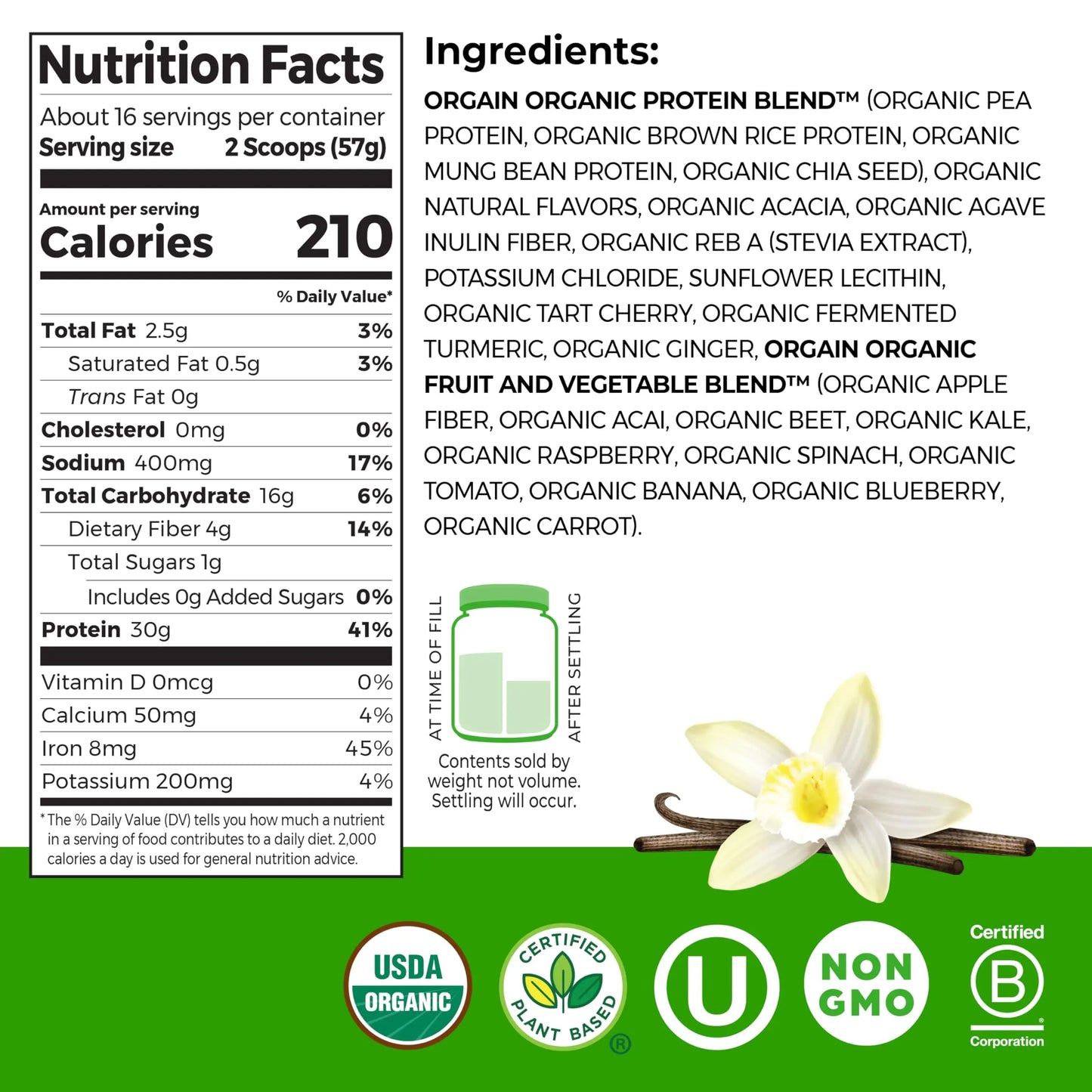 Orgain Organic 30g Vegan Plant Protein Powder, Vanilla, 9g EAAs + BCAAs, High Plant Protein, 4g Prebiotic + Fiber, 1g Sugar, Pre-Workout, Muscle Support + Recovery - 2.01lb (Packaging May Vary) Orgain