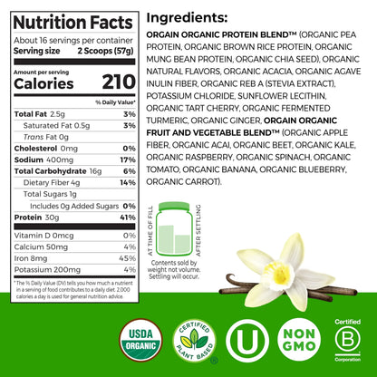 Orgain Organic 30g Vegan Plant Protein Powder, Vanilla, 9g EAAs + BCAAs, High Plant Protein, 4g Prebiotic + Fiber, 1g Sugar, Pre-Workout, Muscle Support + Recovery - 2.01lb (Packaging May Vary) Orgain