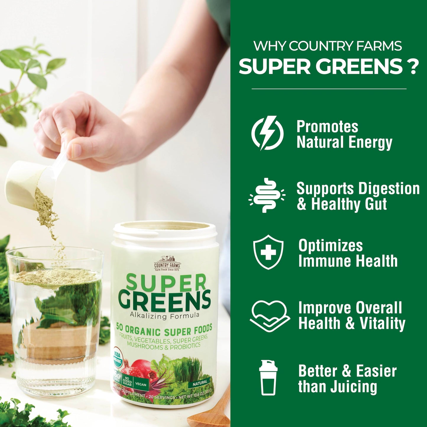 Country Farms Organic Super Greens Natural Flavor, 50 Organic Super Foods, Packed with Fiber, USDA Organic Drink Mix, Fruits, Vegetables, Mushrooms & Probiotics Country Farms