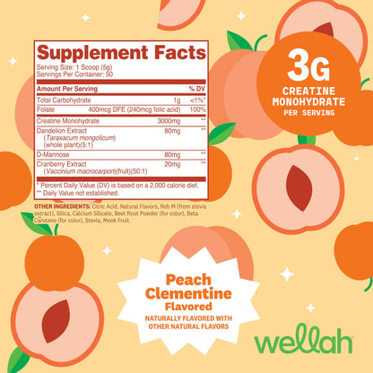 Wellah Creatine for Women - Creatine Monohydrate with Dandelion & Cranberry Extract (50 Servings, Clementine Peach) Wellah