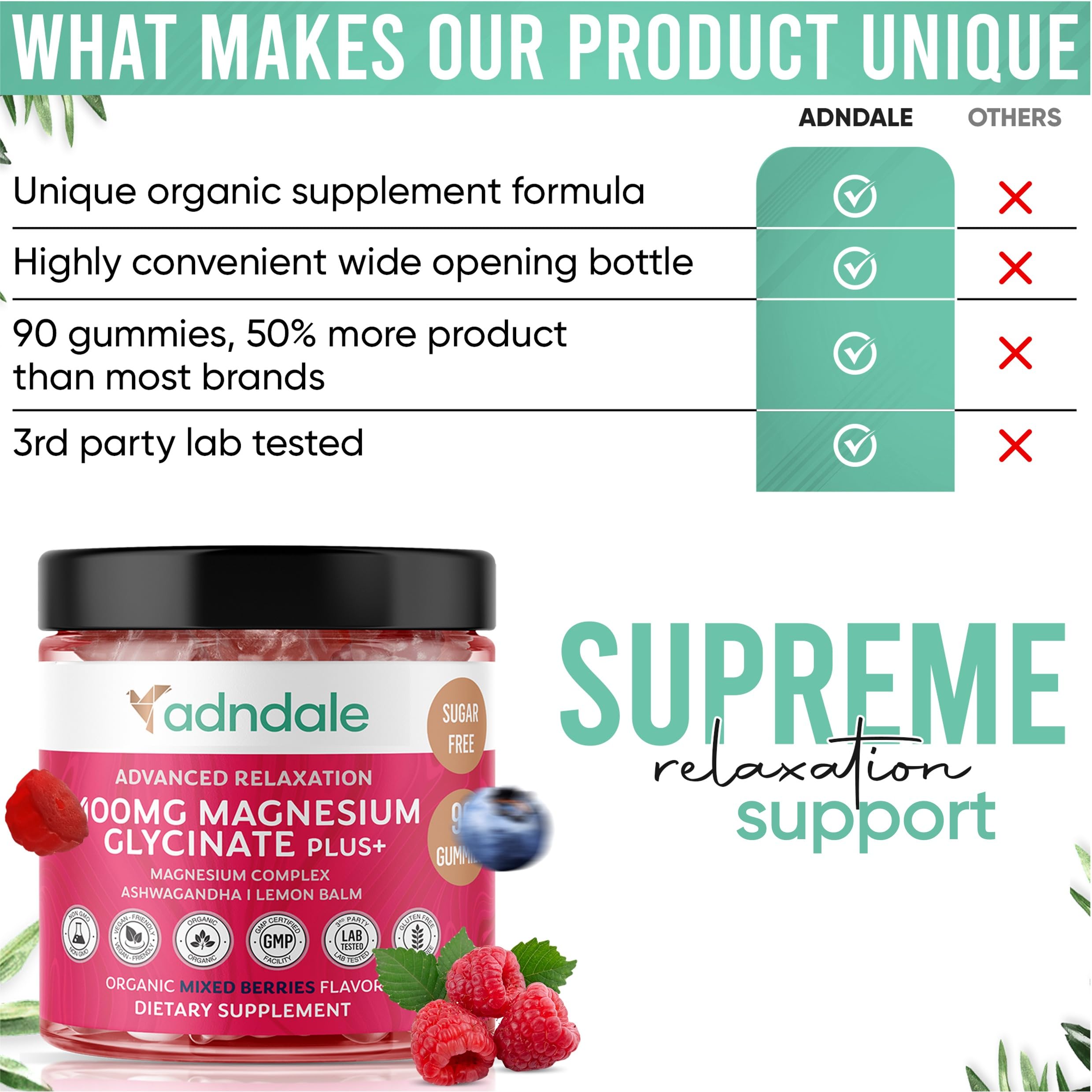Adndale 90 CT Magnesium Glycinate 400 mg Gummies with Ashwagandha, Magnesium Malate & Taurate, Sugar Free Magnesium Gummies for Adults & Kids. Adndale buy australia supplements