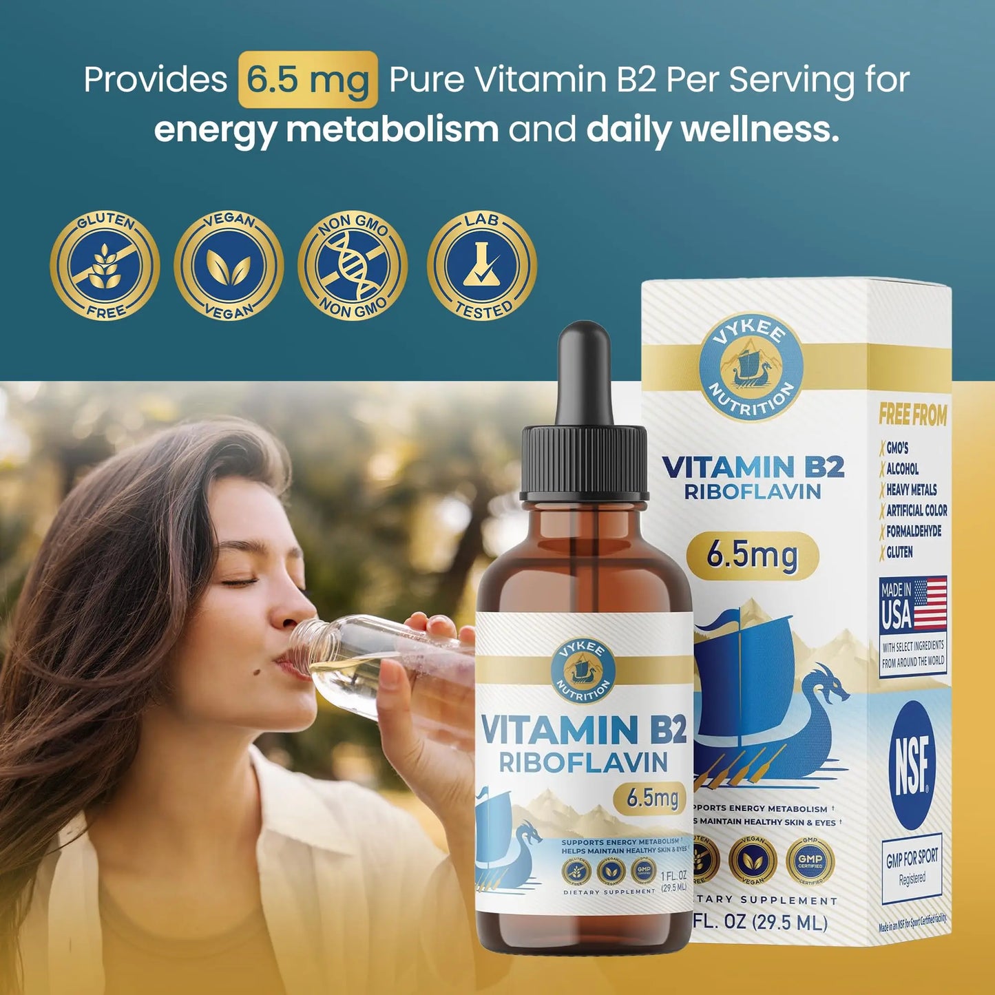 Vykee Nutrition Vitamin B2 Riboflavin Drops - Liquid B2 Supplement for Energy Metabolism, Cellular Function and Vision Support - Vegan, Non-GMO, Gluten-Free Vykee Nutrition
