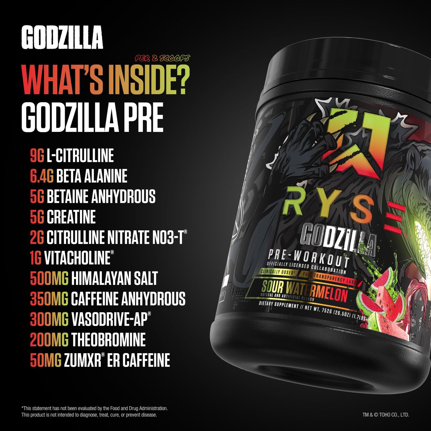 RYSE Godzilla X Noel Deyzel Pre Workout Powder - Monsterberry Lime - 400mg Caffeine, High Stim Pre-Workout for Men & Women with Citrulline & Beta Alanine - Energy, Pump & Focus - 20/40 Servings