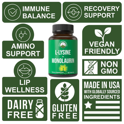 Peak Performance L Lysine 1000mg + Monolaurin 500mg High Potency Supplement for Lips, Skin, & Immune Support - L-Lysine 2-in-1 Bioavailable Supplements Peak Performance