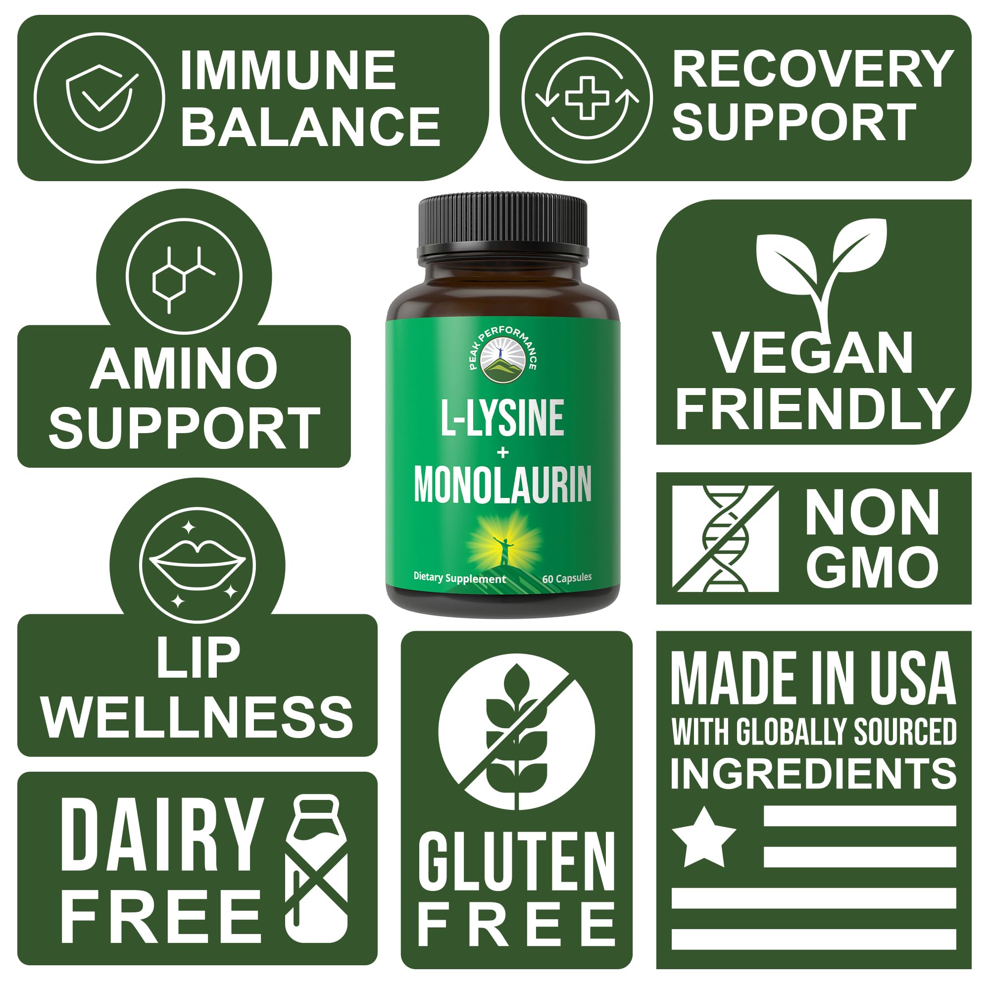 Peak Performance L Lysine 1000mg + Monolaurin 500mg High Potency Supplement for Lips, Skin, & Immune Support - L-Lysine 2-in-1 Bioavailable Supplements Peak Performance buy australia supplements