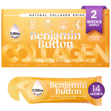 Benjamin Button 12,000mg Marine Collagen Liquid Shots| High Strength Hydrolyzed Marine Collagen Peptides w/Hyaluronic Acid & Vitamin C for Skin, Hair & Joints | Mango, 14 Daily Servings 30ml Benjamin Button buy australia supplements