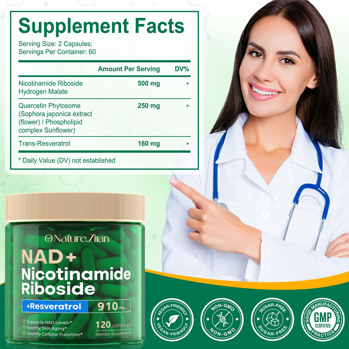 NAD Supplement - NAD+ Nicotinamide Riboside 910 Mg Supplement for Women & Men, Liposomal Nicotinamide Riboside with Resveratrol, for Focus, Boost - 120 Capsules (120 Count (Pack of 1)) O NATURE . ZIRAN