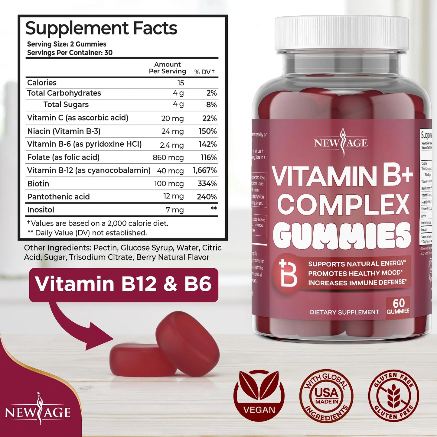 NEW AGE Vitamin B Complex Gummies with Vitamin B3, B6, & B12 – with Biotin, Folic Acid & Vitamin C – Gluten-Free, Vegan NEW AGE