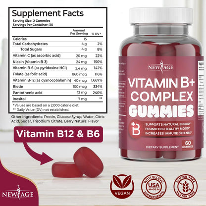 NEW AGE Vitamin B Complex Gummies with Vitamin B3, B6, & B12 – with Biotin, Folic Acid & Vitamin C – Gluten-Free, Vegan NEW AGE