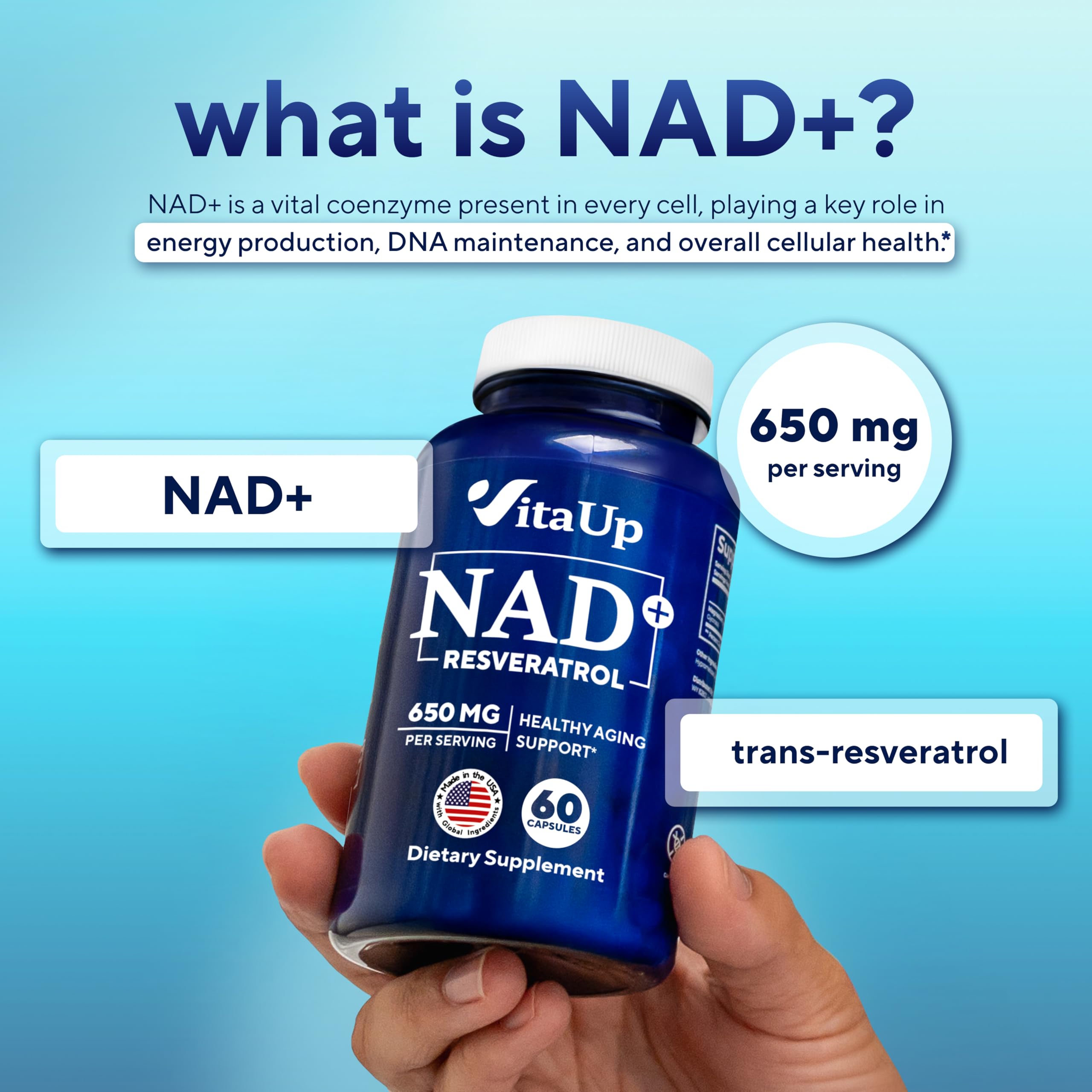 VitaUp NAD+ Resveratrol Supplement - USA Made Trans Resveratrol NAD Supplement 650mg - Nicotinamide Adenine Dinucleotide Capsules for Healthy Aging, Energy & Focus Support - 60 Count VitaUp buy australia supplements
