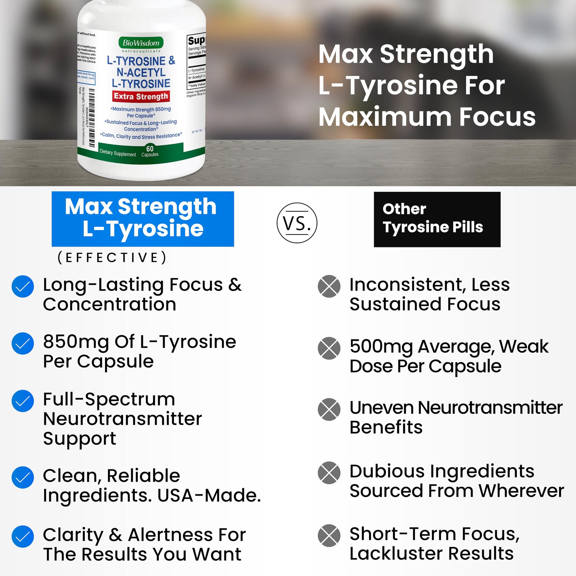 Max Strength L Tyrosine Supplement & N Acetyl L Tyrosine Peak Focus, Alertness, Concentration, Body & Mind Energy. L-Tyrosine 850mg Per 1 Capsule. A Well-Being Nutrient Boost For Performance BioWisdom Nutraceuticals buy australia supplements