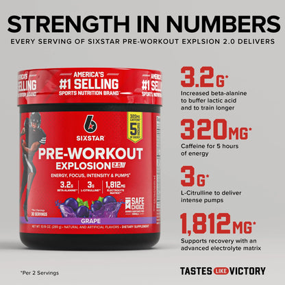 Six Star Pre-Workout Explosion, Grape (30 Servings) - Preworkout Energy Powder Supplement for Men & Women - Workout Drink Mix with L-Tyrosine & Beta Alanine Six Star