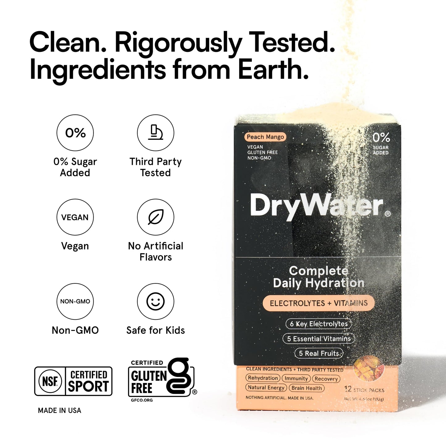 DryWater Electrolyte Powder Packets, Peach Mango - Hydration Packets Drink Mix with Zero Added Sugar for Rehydration & Energy - 6 Key Electrolytes DryWater