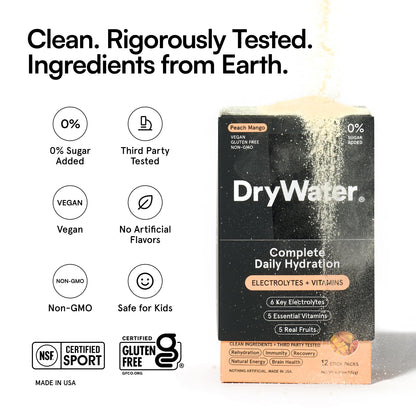 DryWater Electrolyte Powder Packets, Peach Mango - Hydration Packets Drink Mix with Zero Added Sugar for Rehydration & Energy - 6 Key Electrolytes DryWater
