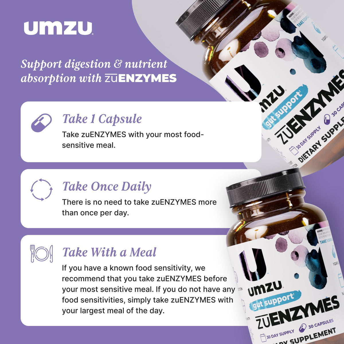 UMZU zuEnzymes Digestive Support Supplement, (30 Day Supply) – 21 Enzyme Blend with Lipase Protease & Amylase – Digestive Enzymes for Gut Health & Probiotic Daily UMZU