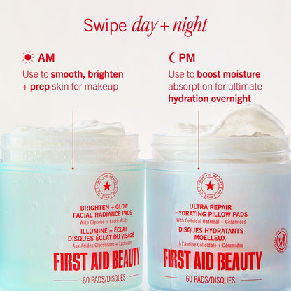 First Aid Beauty - Facial Radiance Pads with Glycolic & Lactic Acids, Daily Exfoliating Pads with AHA, Visibly Smaller Pores, Help Tone & Brighten Skin, One-Step Makeup Prep, Compostable, 60ct First Aid Beauty
