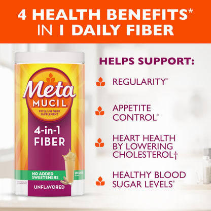 Metamucil, Psyllium Husk Powder, Unflavored with No Added Sweeteners, 114 Servings, 4-in-1 Fiber Supplement, Daily Psyllium Husk Fiber Powder Metamucil