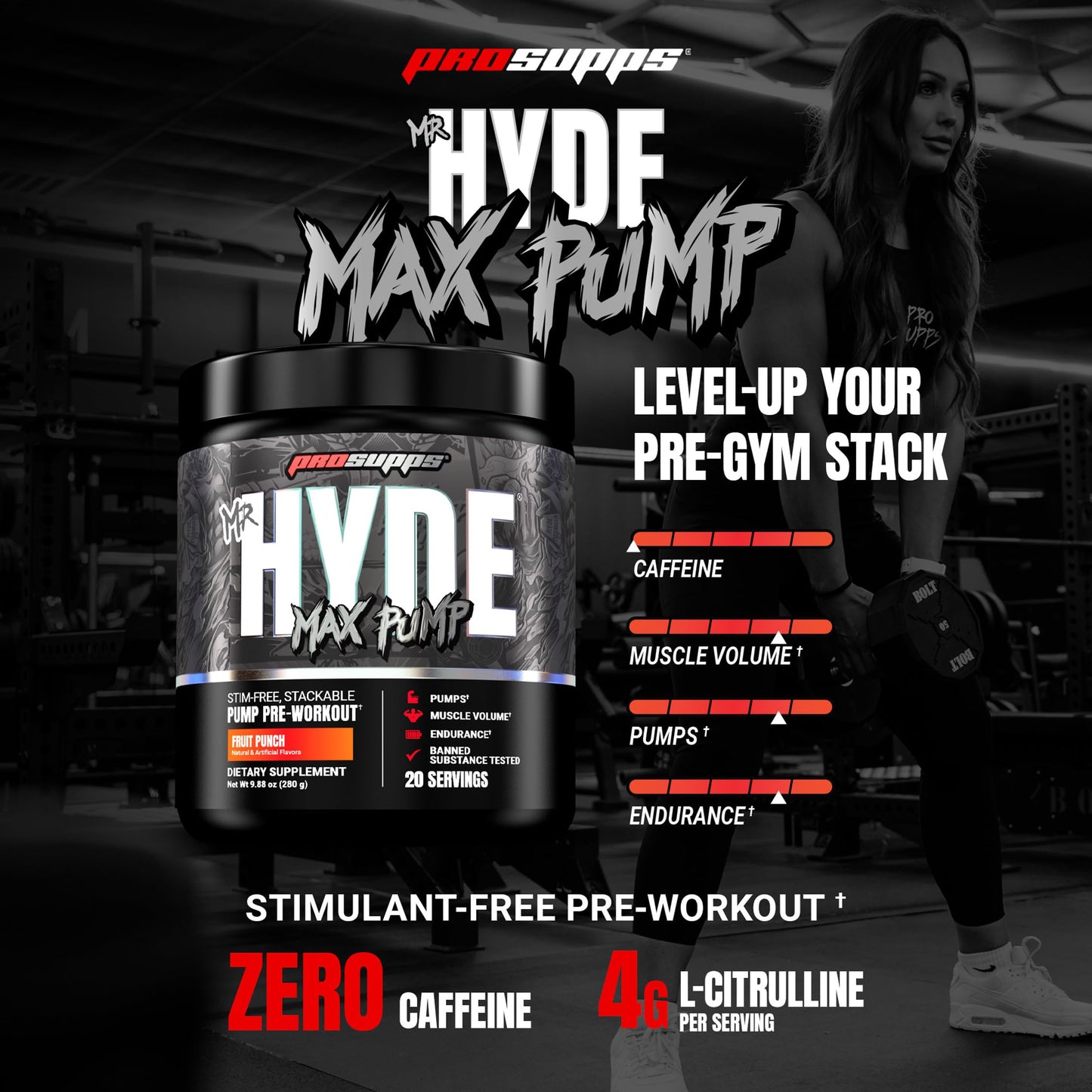 ProSupps Mr. Hyde Max Pump Pre Workout Powder - Stim-Free Preworkout Supports Blood Flow, Muscle Volume & Endurance - Caffeine-Free Nitric Oxide Gym & Fitness Supplements (Blue Razz, 20 Servings)