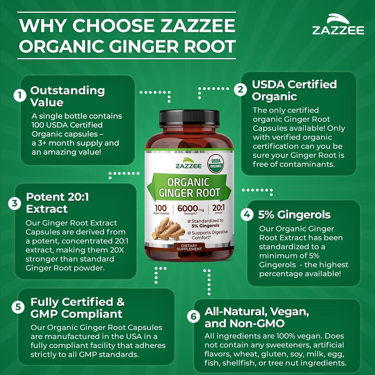 Zazzee USDA Organic Ginger Root 20:1 Extract, 5% Gingerols, 100 Capsules | Vegan, 3+ Month Supply, Digestive & Stomach Support, Zingiber Officinale, All-Natural, Non-GMO, Made in the USA Gsupps Australia