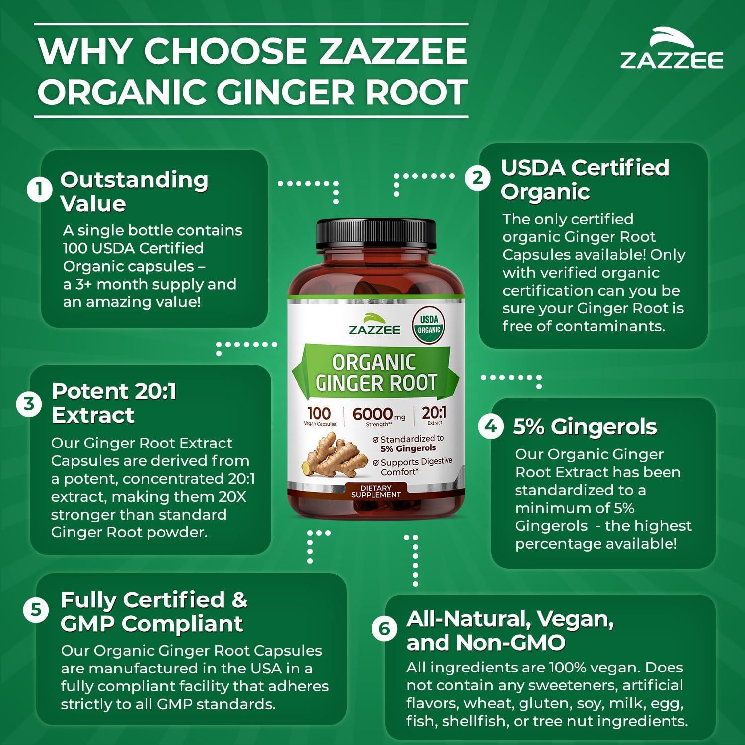 Zazzee USDA Organic Ginger Root 20:1 Extract, 5% Gingerols, 100 Capsules | Vegan, 3+ Month Supply, Digestive & Stomach Support, Zingiber Officinale, All-Natural, Non-GMO, Made in the USA Gsupps Australia