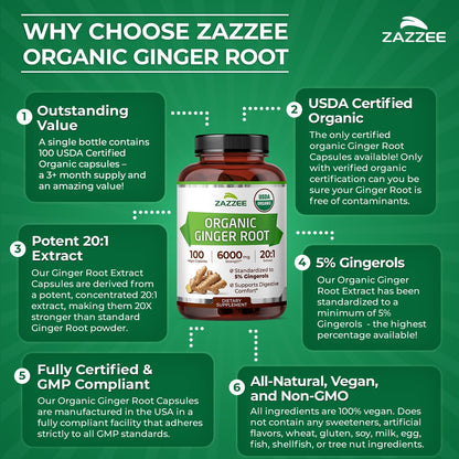 Zazzee USDA Organic Ginger Root 20:1 Extract, 5% Gingerols, 100 Capsules | Vegan, 3+ Month Supply, Digestive & Stomach Support, Zingiber Officinale, All-Natural, Non-GMO, Made in the USA Gsupps Australia