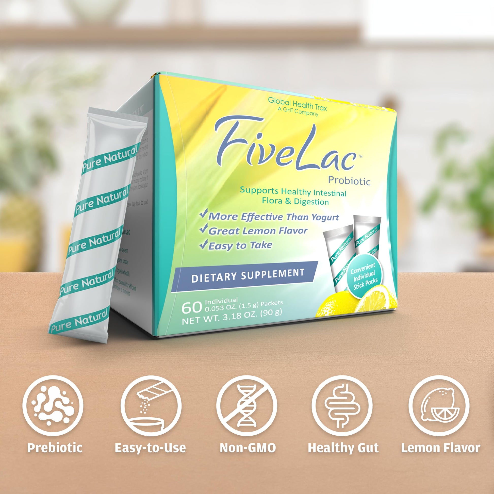GHT - FiveLac Lemon Probiotic Powder Drink Mix, Probiotics for Women, Men, and Kids - Smooth Digestive Support and Elimination - Relieves Occasional Constipation and Gas - 60 Packets (3 Pack) Non-GMO ght Global Health Trax buy australia supplements