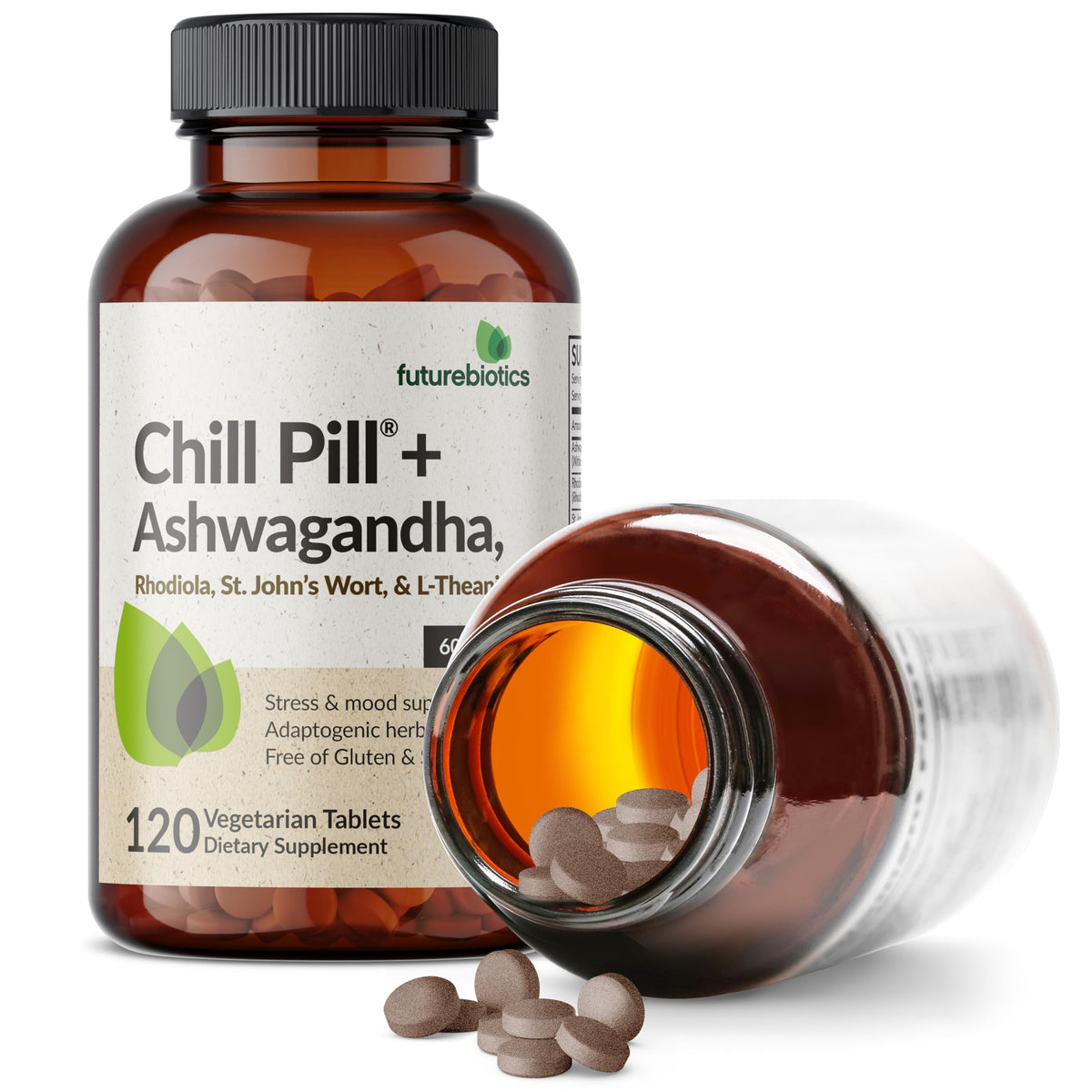 Futurebiotics Chill Pill + Ashwagandha, Rhodiola, St. John’s Wort, & L-Theanine - Non-GMO, 120 Vegetarian Tablets Futurebiotics