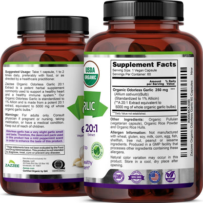 Zazzee USDA Organic Odorless Garlic 20:1 Extract, 1% Allicin, 100 Capsules | Vegan, 3+ Month Supply, Allium Sativum, Immune, Circulation & Heart Health Support, All-Natural, Non-GMO, Made in the USA Gsupps Australia