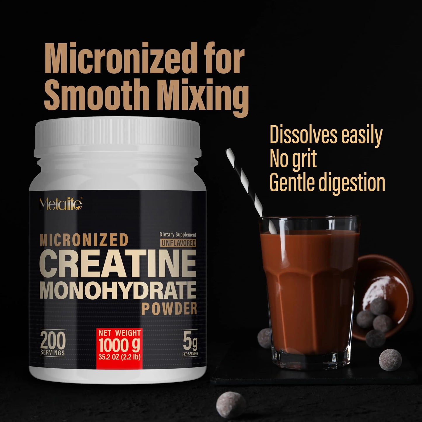 METALIFE 100% Pure Creatine Monohydrate Powder 200 Servings, Micronized Powder, Muscle Growth, Unflavored, Ideal for Athletes & Fitness Enthusiasts, METALIFE