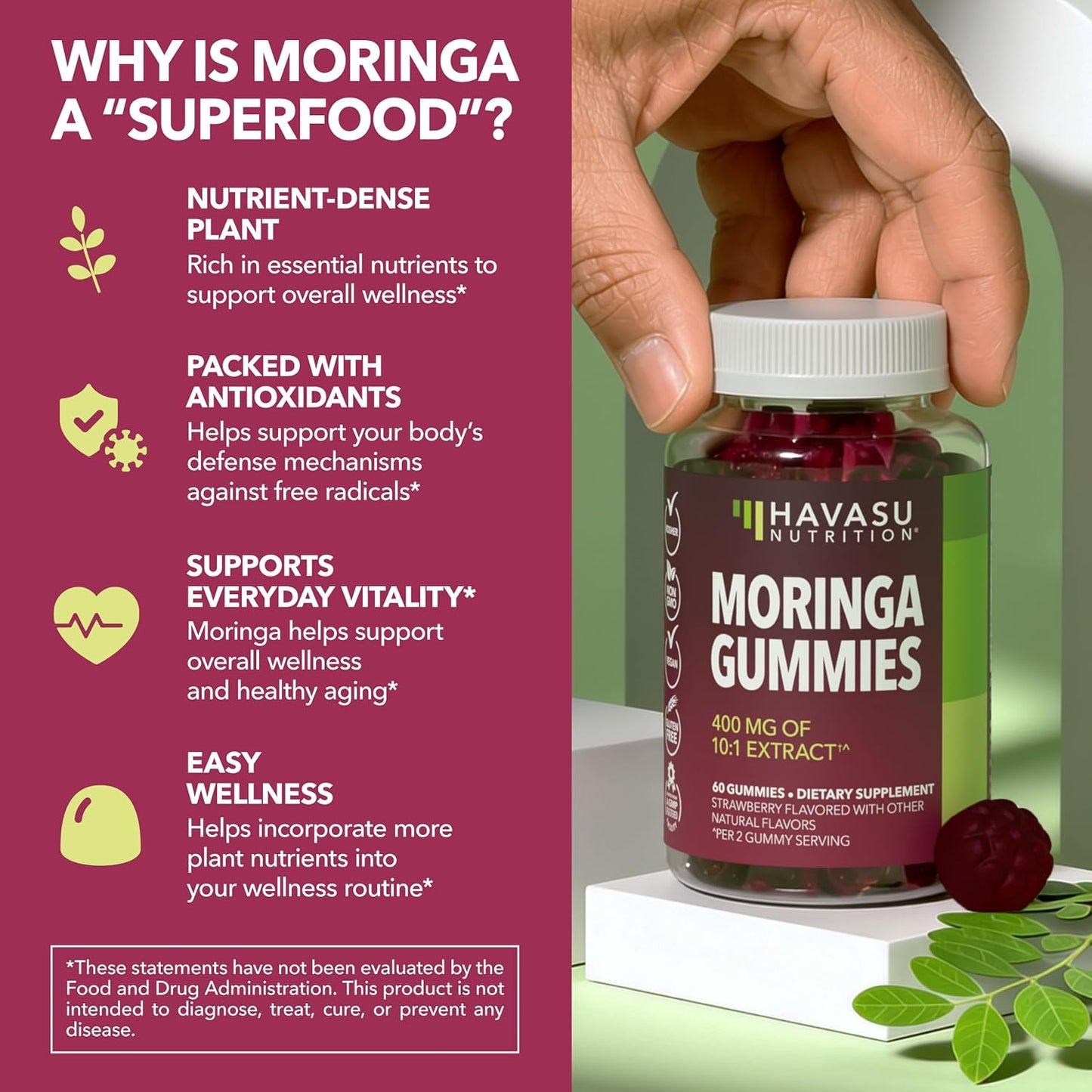 Moringa Gummies 400mg Per Serving, Green Superfood Supplement, 60 Count | Moringa Leaf Extract for Immune Support, Multivitamin Moringa Supplement, 60 Count, Vegan, Non-GMO, Gluten Free, 30 Servings Gsupps Australia